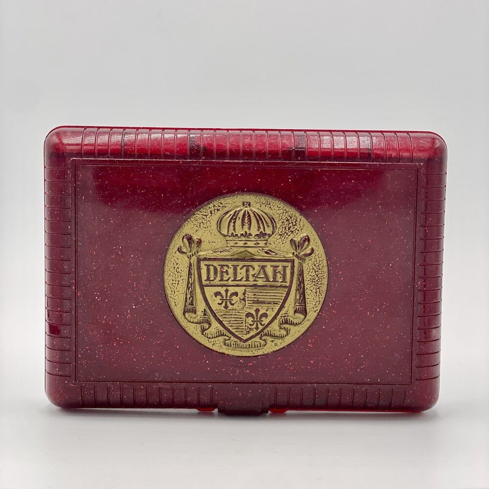 Vintage Art Deco Celluloid Presentation Box – Deltah – Red w/ Gold Glitter